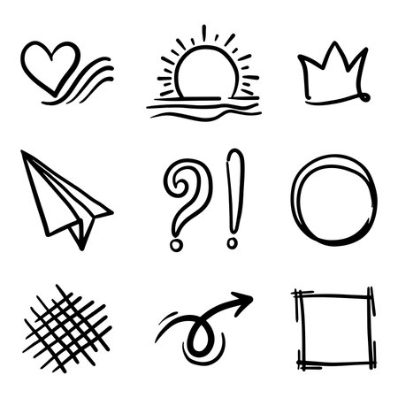 Vector set of Doodle elements, love, sun, crown, frame, arrow, paper airplane, question mark and hash markのイラスト素材