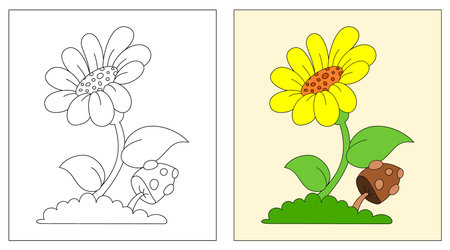 flowers and mushrooms coloring book or page, education for kids, vector illustration.のイラスト素材