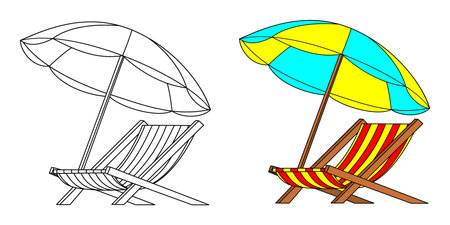 umbrellas and summer chairs, coloring book or page, vector illustrationのイラスト素材