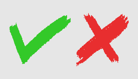 Tick and cross black signs. Gray checkmark OK and X icons, isolated on white background. Simple marks graphic design. Circle symbols YES and NO button for vote, decision, web. Vector illustration.のイラスト素材