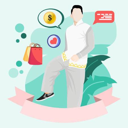 Mobile shopping concept. A men buy things in the online store. Shopping on social networks through phone flat design style. Online shopping vector illustration.のイラスト素材