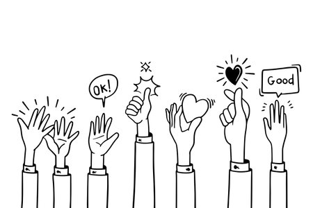 doodle hands up,Hands clapping. applause gestures. congratulation business. vector illustrationのイラスト素材