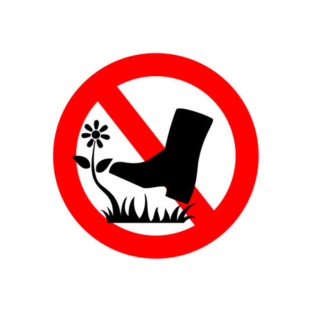 Caution, warning, please stay out of the yard, Do not step on the green grass or do not step on the garden icon.のイラスト素材