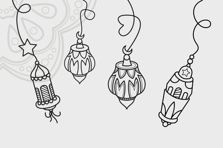 Doodles line art of ramadan kareem greeting card concept. Vector illustration.のイラスト素材