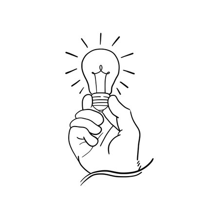 hand holding lamp, idea symbol. hand drawn on white backgroundのイラスト素材