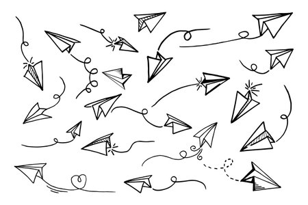 Set of doodle paper plane icon. Hand draw paper airplane. Vector Illustration.のイラスト素材