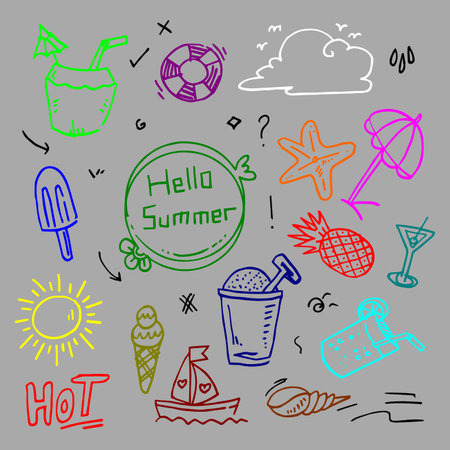 summer vector icon doodle style set.のイラスト素材