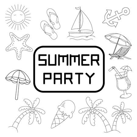 Set doodle summer, umbrella, ice cream, sand bucket, pineapple, juice, shells, sun, clouds, boat, wind and many more.のイラスト素材