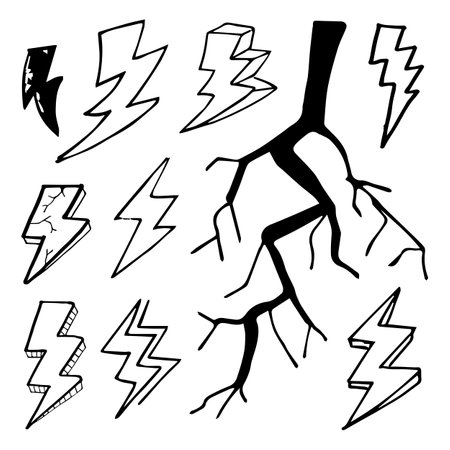 set of hand drawn vector doodle electric lightning bolt symbol sketch illustrations. thunder, vector ilustrationのイラスト素材