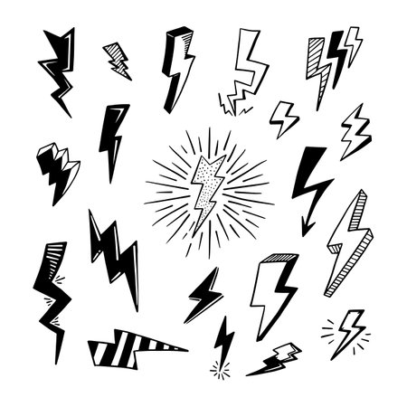 set of hand drawn vector doodle electric lightning bolt symbol sketch illustrations. thunder, vector ilustrationのイラスト素材