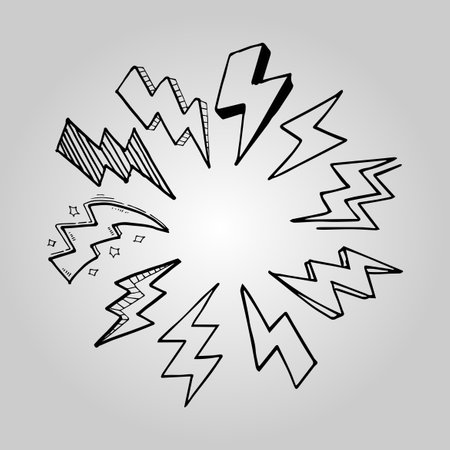 set of hand drawn vector doodle electric lightning bolt symbol sketch illustrations. thunder, vector ilustrationのイラスト素材