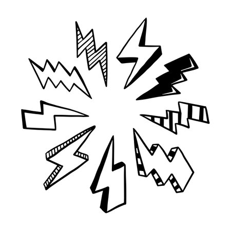 set of hand drawn vector doodle electric lightning bolt symbol sketch illustrations. thunder, vector ilustrationのイラスト素材