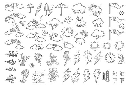 weather doodle vector set illustration with hand draw line art style vector, star, sunのイラスト素材