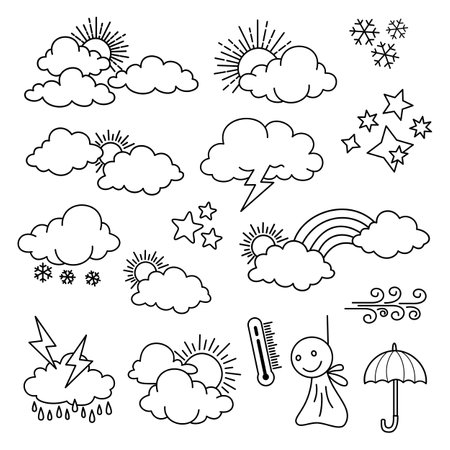weather doodle vector set illustration with hand draw line art style vector, star, sunのイラスト素材