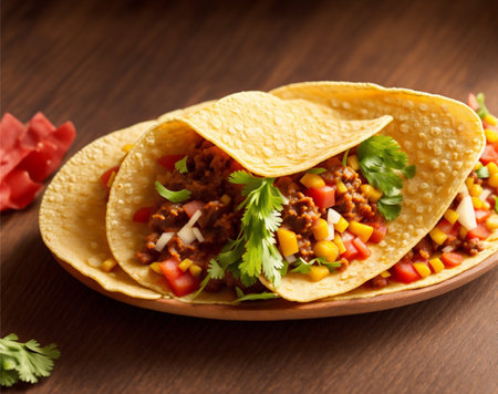 Barbecue Tacos on a Tray and Wooden table, Ai Generatedの素材