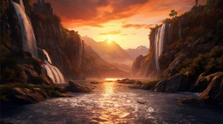 Realistic view of waterfall at sunset, AI generatedの素材