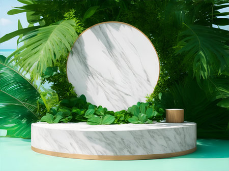 round marble podium, product display, plant background, AI generatedの素材