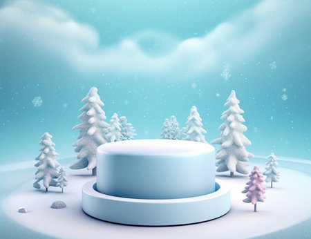 Simple and elegant 3D round podium with winter feel, AI generatedの素材