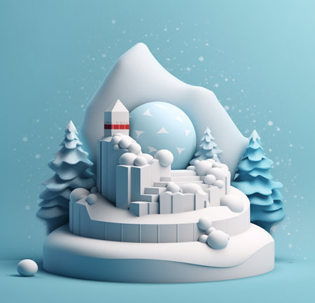 Simple and elegant 3D round podium with winter feel, AI generatedの素材