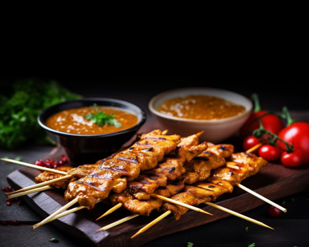 satay picture on wooden table, food looks good. AI Generatedの素材