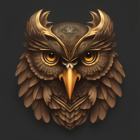 Owls quetzalcoatl head, symmetrical, flat icon design, AI generatedの素材