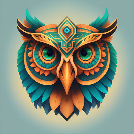 Owls quetzalcoatl head, symmetrical, flat icon design, AI generatedの素材