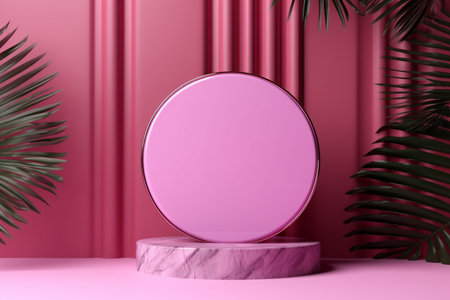 Round podium with beautiful leaves and colors. AI generatedの素材