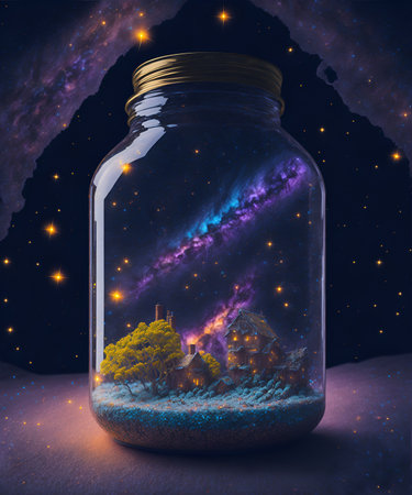 house in a bottle with beautiful night sky galaxy background, AI generatedの素材