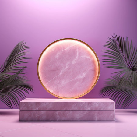 Round podium with beautiful leaves and colors. AI generatedの素材