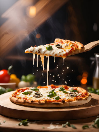 picture of pizza on a wooden tableの素材