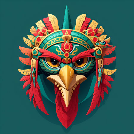 Hawk quetzalcoatl head, symmetrical, flat icon design, AI generatedの素材