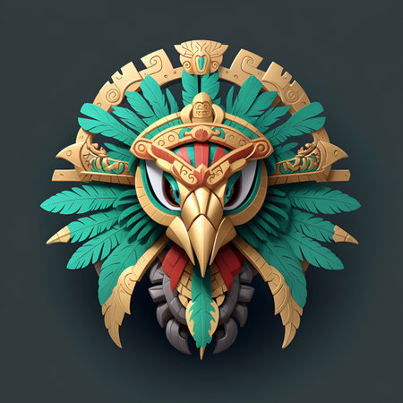 Hawk quetzalcoatl head, symmetrical, flat icon design, AI generatedの素材