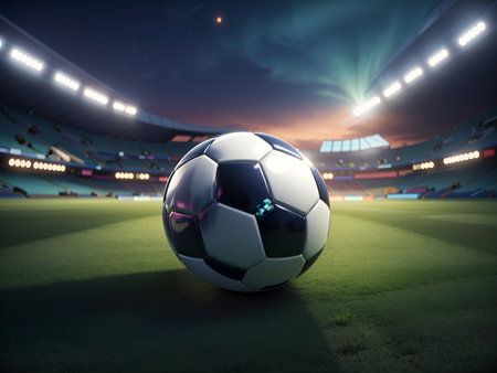 soccer ball on grass with a stadium, AI generated.の素材