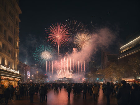 Celebrate the new year, a city with fireworks, AI generatedの素材