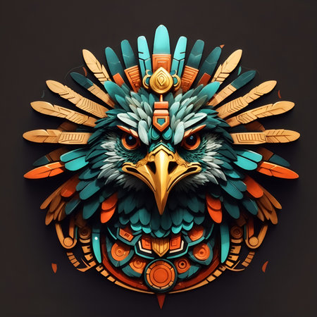 Owls quetzalcoatl head, symmetrical, flat icon design, AI generatedの素材