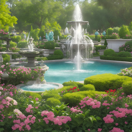 beautiful garden view with various flowers, AI generated.の素材