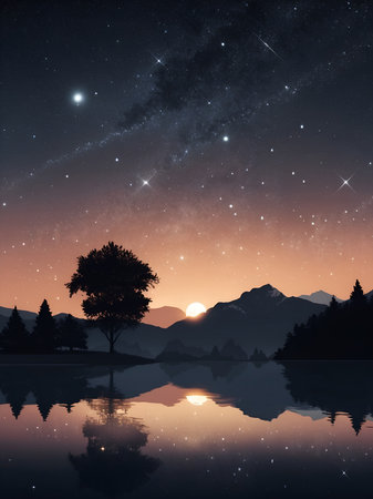 The night sky has the moon and mountains, AI generatedの素材