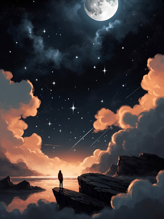 The night sky has the moon and mountains, AI generatedの素材