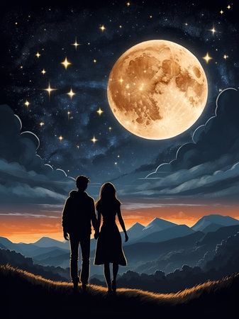 a pair of lovers when the night sky has the moon and mountains, AI generatedの素材