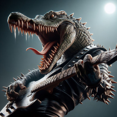illustration of a crocodile playing guitar, singing rock, generated by AIの素材