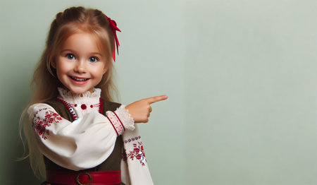 little girl wearing traditional clothes, pointing at an empty area, AI generatedの素材