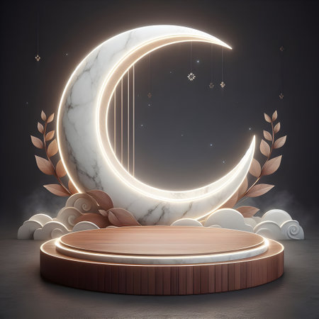 Podium mockup for advertising in round shape from marble and wood, AI generated.の素材