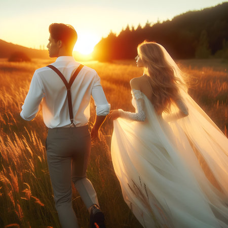 A couple running in a meadow at sunset, AI generated;の素材
