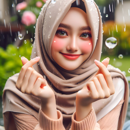 a muslim woman poses showing a symbol of love with her hands in the rain. AI generatedの素材