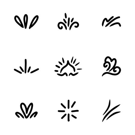 Collection of hand drawn line showing lines, sunbeams, flakes, surprise etc.のイラスト素材