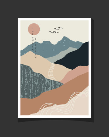 Stylish mountain views with warm and modern colors, creating a calm atmosphereのイラスト素材