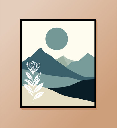 Stylized mountain landscape with trees and a setting sun in warm tones, creating a serene atmosphereのイラスト素材