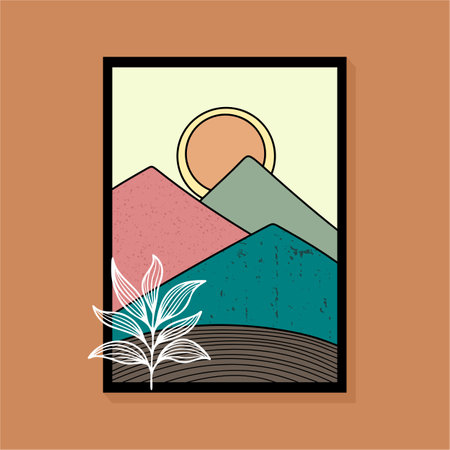 Stylized mountain landscape with trees and a setting sun in warm tones, creating a serene atmosphereのイラスト素材