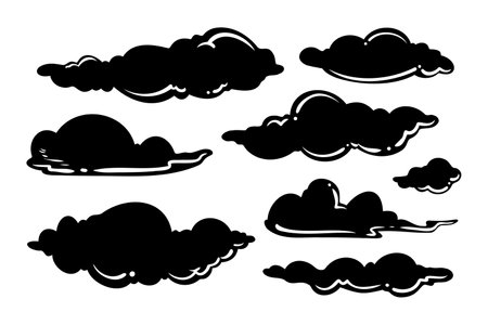 illustration of a collection of doodle clouds on a white background.のイラスト素材