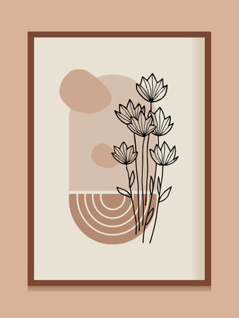 Minimalist boho illustration with floral elements and abstract shapes in a neutral color paletteのイラスト素材
